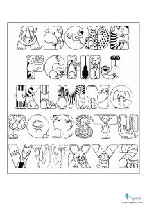 the alphabet is made up of animals and letters that are outlined in black and white