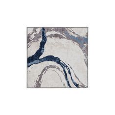 a white and blue area rug with an abstract design in the middle, on a white background