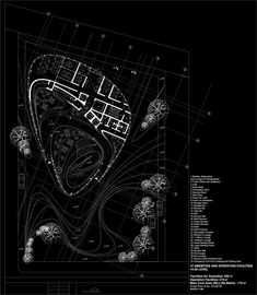 a black and white drawing of a building with lots of trees on it's sides