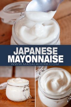 japanese mayonnaise in a glass jar with a spoon on top and the recipe below