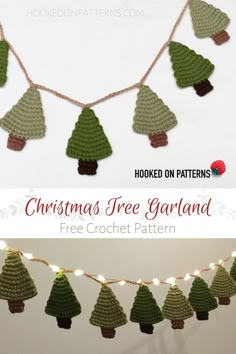 crocheted christmas tree garland with lights on it and text overlay that reads, hooked on patterns