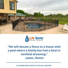 a fenced in pool with the words life saver above it and an image of a house