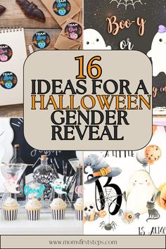 halloween themed items with the words 16 ideas for a halloween gender reveal on top and below