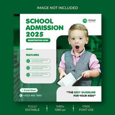 a green school graduation flyer with a young boy holding a book and making a funny face