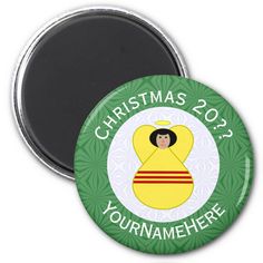 a green and yellow christmas badge magnet