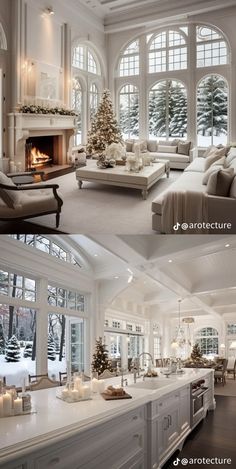 two pictures of the same living room and dining room in different stages of being decorated for christmas