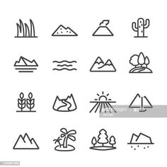 different types of mountains and trees are shown in this icon set, which includes the outlines