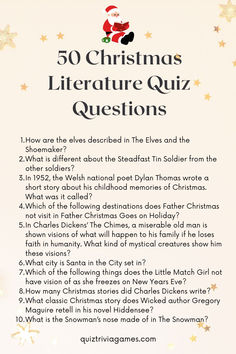 the christmas literature quiz question is shown with santa clause on top and snowflakes in the background