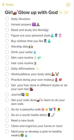 a list with the words girl glow up with god and other things to do on it