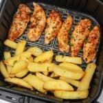 chicken and french fries in an air fryer