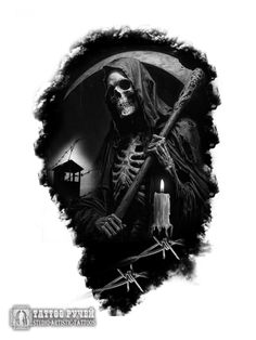 a black and white photo of a skeleton holding a sculler with a lit candle