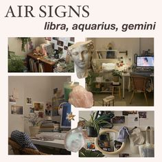 there are many different pictures in this room with the words air signs, libra, aquarius, gemini