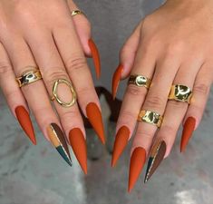 Matte Stilleto Nails Designs, Coffin Freestyle Nails, Fall Stilleto Nails Autumn Matte, Stelitto Nails Ideas Fall, October Nail Designs Almond Shape, Fall Nail Inspo Acrylic Long, Fall Staleto Nails, Burnt Orange Stiletto Nails, November Stilleto Nails