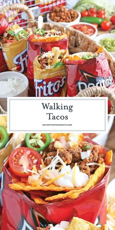 several tacos are stacked on top of each other with the words walking tacos above them