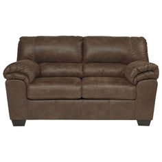 a brown leather loveseat sitting on top of a white background