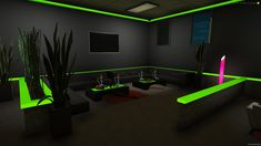 a room with couches, tables and plants lit up in neon green lighting on the walls