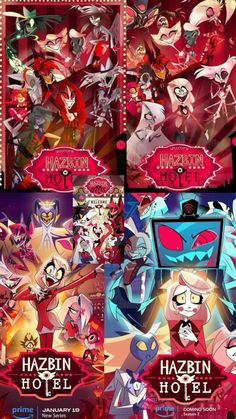 the poster for hazbin's hotel is shown in four different colors and sizes