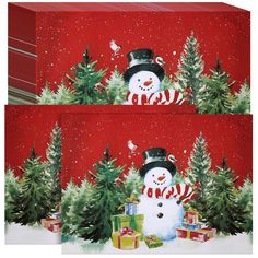 two christmas cards with a snowman and presents in front of red background, trees