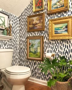 a white toilet sitting in a bathroom next to a potted plant and pictures on the wall