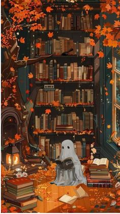 a painting of a ghost reading in front of a bookshelf full of books