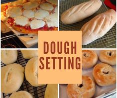 there are many different types of doughs on the baking rack, including bread and bagels