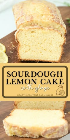 sourdough lemon cake with orange glaze is cut into slices on a cutting board