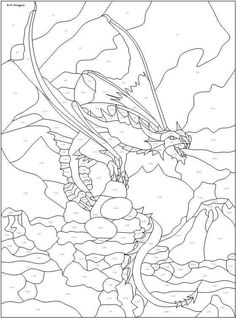 a coloring page with an image of a dragon on the water and mountains in the background