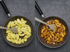 two frying pans filled with food on top of a gray counter next to each other