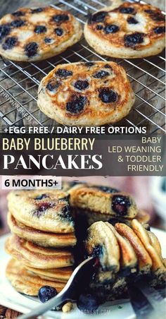 Baby Blueberry Pancakes. Dairy Free Blueberry Recipes, Egg Free Baby Pancakes, Egg Free Pancakes For Baby, Egg Free Blw, Baby Blueberry Pancakes, Egg Free Baby Led Weaning, Blueberry Pancakes For Baby, Breakfast Toddler, Dairy Free Egg Free Recipes