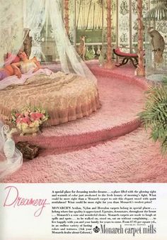 an advertisement for monarch carpet mills shows a bed with mosquito netting over it and flowers on the floor