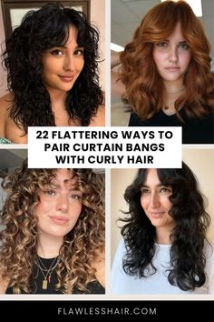 22 Flattering Ways To Pair Curtain Bangs With Curly Hair Curly Shag With Curtain Bangs, Curtain Bangs With Curly Hair, Curly Hair With Curtain Bangs, Bangs With Curly Hair, Long Layered Curly Haircuts, Shag With Curtain Bangs, Curly Ginger Hair, Curly Ginger, Long Layered Curly Hair