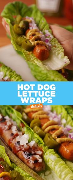 hot dog lettuce wraps with ketchup, onions and peppers on them