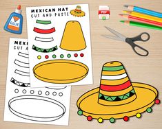 the mexican hat cut and paste paper craft is next to scissors, markers, pencils, and crayons