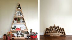 two pictures side by side one has a christmas tree and the other is a shelf