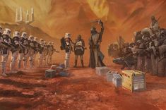 a group of star wars characters standing in front of a desert landscape with an orange sky behind them