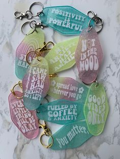 Take a bit of positivity with you wherever you go with these beautiful handmade colourful retro motel keychains 💖 These keychains also make the perfect gift because who doesn't love a cute keychain? I make each keychain with resin and glitter, then customize with a positive quote of your choice. Then I seal it with another thin layer of resin. Options of stainless steel or gold key ring. To offer free shipping for this item, I mail to Canada and the US by regular mail. Since each keychain is handmade, processing times will be a bit higher for this product. Colours may vary slightly from pictures because resin likes to be unpredictable. The front of the keychain has ridges at the top and bottom and the back is flat. As this item is custom made - Returns/Exchanges are not accepted, but plea Retro Motel Keychain, Retro Motel, Motel Keychain, Positive Mental Health, Gold Key, Acrylic Keychains, Positive Quote, Cute Keychain, Diy Keychain