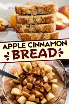 apple cinnamon bread in a glass bowl and sliced apples on the side with text overlay