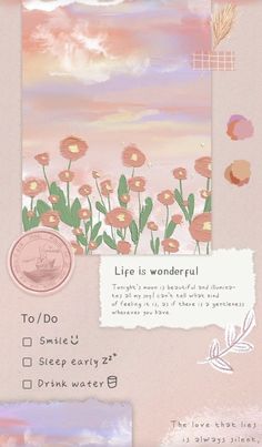 a card with flowers and clouds in the background