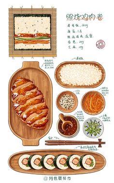 an image of some food that is on a wooden tray with chopsticks and chop sticks