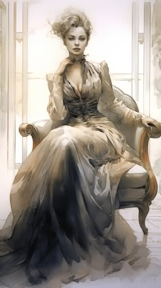 a painting of a woman in a dress sitting on a chair with her hair blowing in the wind