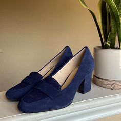 Excellent Condition. Never Worn! Make Me An Offer And Treat Yourself! Blue Slip-on Office Heels, Elegant Blue Loafers For Workwear, Elegant Blue Loafers For Work, Blue Closed Toe Loafers For Office, Blue Closed Toe Loafers For Work, Blue Slip-on Heels For Work, Blue Closed Toe Loafers For Workwear, Blue Heels For Workwear In Fall, Elegant Blue Heels For Fall