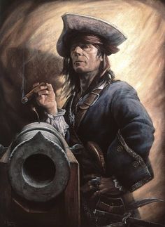 a painting of a man in pirate costume holding a pipe