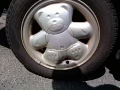 there is a white teddy bear on the rim of a car's tire,