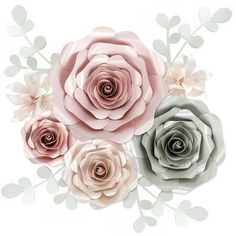 paper flowers are arranged in the shape of three large, pink and grey roses on a white background