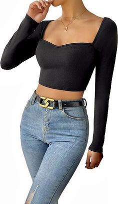 Breathable and soft fabric has some stretch, comfortable to wear in fall and spring Crop Top Tees, Women Long Sleeve Tops, Knit Crop Top, Knit Crop, Sweetheart Neck, Shirt Price, Soft Fabric, Amazing Women