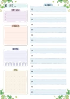 the printable planner is shown with green leaves and flowers on it's side