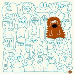 a drawing of a group of people with an orange dog in the middle, surrounded by blue lines