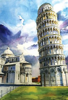 a painting of the leaning tower of pisa