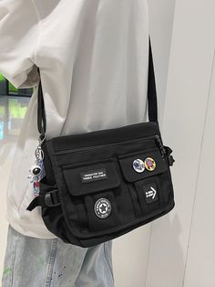 Negro Casual,Preppy Collar  Nailon Liso Bolsa de equipaje Embellished   Bolsos Mujer Cross Body Messenger Bag, School Book Bags, Streamer Dr, Harajuku Men, Aerospace Engineering, Book Bags, Girls School