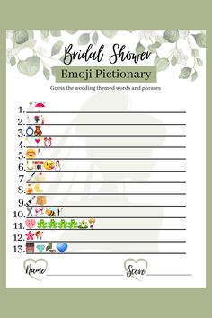 A game card printable for the bridal shower game emoji Pictionary. Third has multiple wedding themed emojis Bridal Shower Pictionary, Bridal Pictionary, Good Emoji, Emoji Game, Emoji Games, Cool Emoji